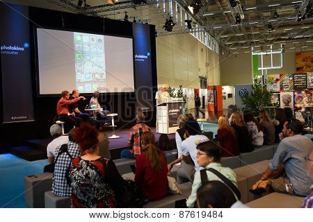 COLOGNE, GERMANY - SEPTEMBER 19, 2014: Photokina Exhibition interior. The Photokina is the world's largest trade fair for the photographic and imaging industries