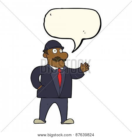 cartoon sensible business man in bowler hat with speech bubble