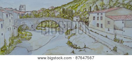 Ink and Watercolour of Lagrasse France