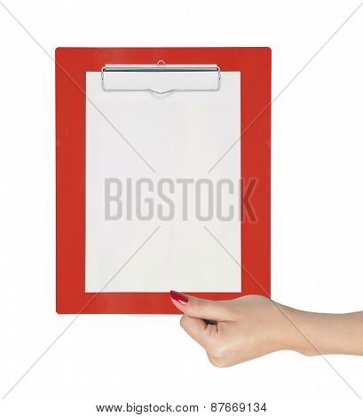 Clipboard With Blank Paper In Woman Hand Isolated On White