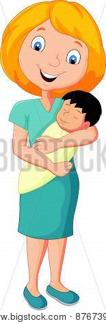 Cartoon Young mother tenderly embracing their baby