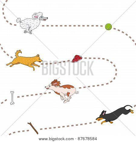 Funny dogs chasing items seamless pattern