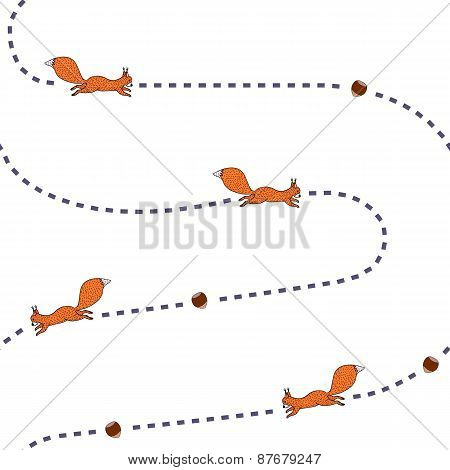 Funny squirrels chasing nuts vector seamless pattern