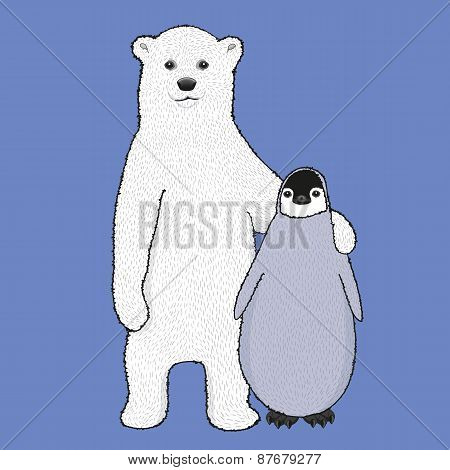 Cute illustration of hugging polar bear cub and little penguin