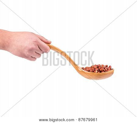 Peanuts in a wooden spoon.