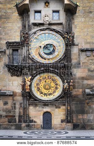 Medieval Astronomic Clock (orloj) On The Old Town Hall Tower At Staromestska Square In Prague