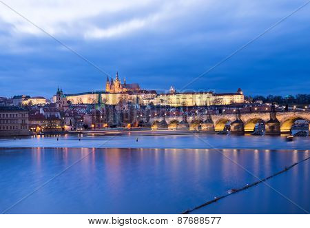 The View Of The Prague Castle, Charles Bridge And The Vltava River From Smetana Embankment