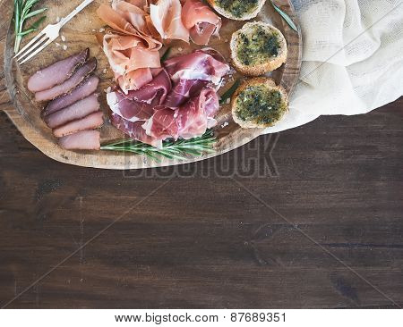 Wine Meat Appetizer Set: Prosciutto, Serrano And Cured Lamb Meat Selection With Spices, Herbs And Ba