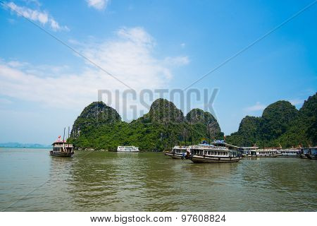 Beautiful seascape with boats in Halong bay