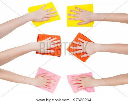 Set Of Hands With Various Rags Isolated On White
