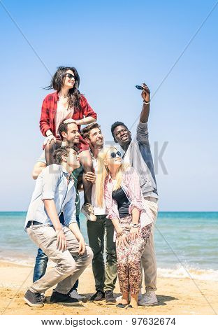 Group Of Multiracial Happy Friends Taking A Selfie At The Beach - International Friendship Concept