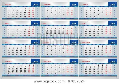 Set Of Calendars For Every Month In 2016