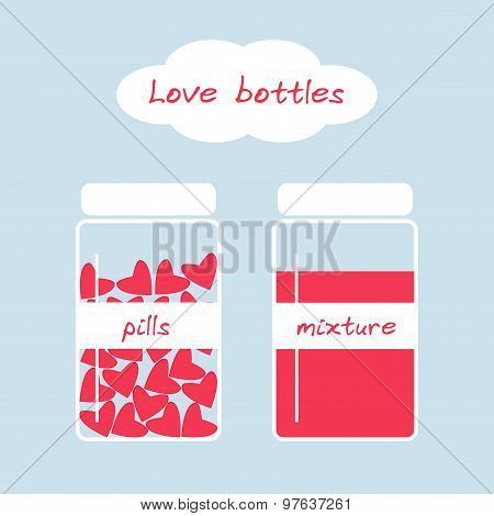 Cute love bottles in retro style with pills and mixture.