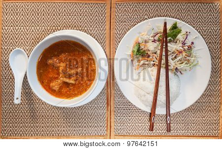 Khmer A-mok With Rice And Vegetable Salad