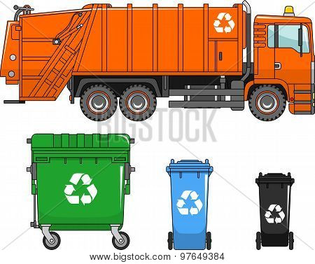 Garbage Truck And Different Types Of Dumpsters On A White Background In A Flat Style