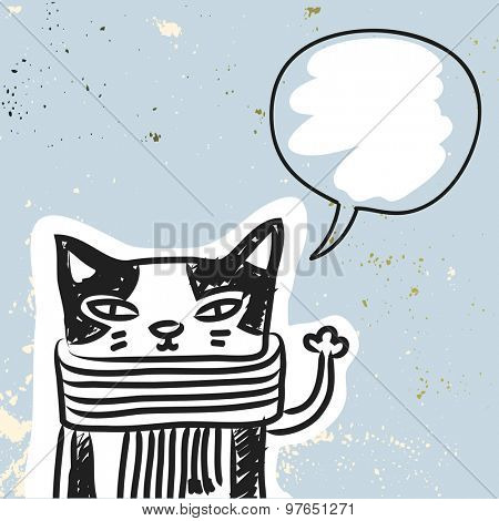 Funny Cat with blank, empty speak balloon, hand drawn doodle vector illustration