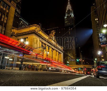 NEW YORK, NY, USA - MAR 17, 2014: Traffic outside Grand Central Terminal at night on 42nd Street in New York City