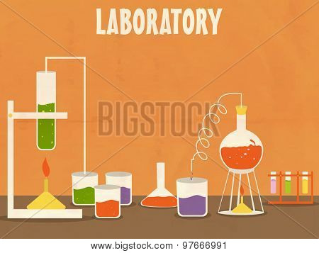 Illustration of a Science laboratoty with various beaker and flask for experiment on grungy orange background.