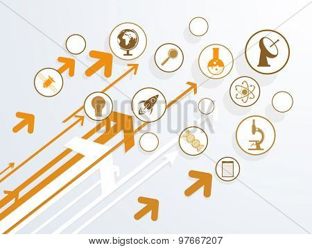 Set of various Science signs and symbols with arrow on shiny background.