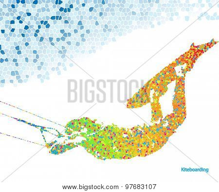 Extreme Sports. Kiteboarding Jump. Illustration Mosaic in the shape of a Man and Sky. Vector EPS10.