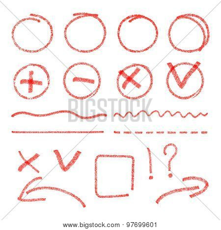 Vector red highlight elements. Circles, arrows, check marks, cross signs and lines