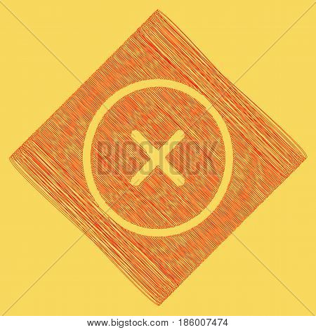 Cross sign illustration. Vector. Red scribble icon obtained as a result of subtraction rhomb and path. Royal yellow background.