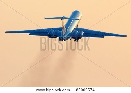 VNUKOVO, MOSCOW REGION, RUSSIA - FEBRUARY 19, 2013: Ilyushin IL-62M RA-86567 of Russian Air Force taking off at Vnukovo international airport.