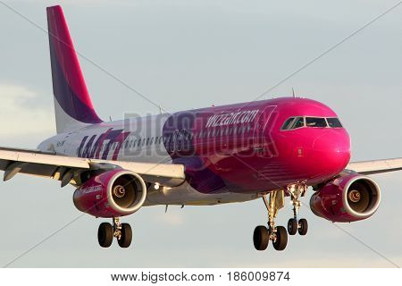 PRAGUE, CZECH REPUBLIC - NOVEMBER 2, 2012: Wizz Air Airbus A320 HA-LWK landing at Ruzyne international airport.