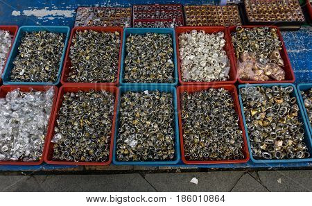 Various kind and colourful of gemstones and agate sold in traditional market in Bogor Indonesia java