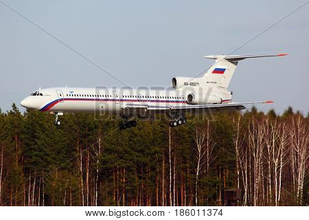 CHKALOVSKY, MOSCOW REGION, RUSSIA - APRIL 12, 2011: Tupolev Tu-154B-2 RA-85571 of Russian Air Force landing at Chkalovsky.
