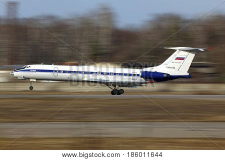 CHKALOVSKY, MOSCOW REGION, RUSSIA - APRIL 12, 2011: Tupolev Tu-134A-3 RA-65729 of Russian Air Force landing at Chkalovsky.