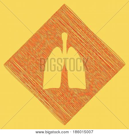 Human anatomy. Lungs sign. Vector. Red scribble icon obtained as a result of subtraction rhomb and path. Royal yellow background.
