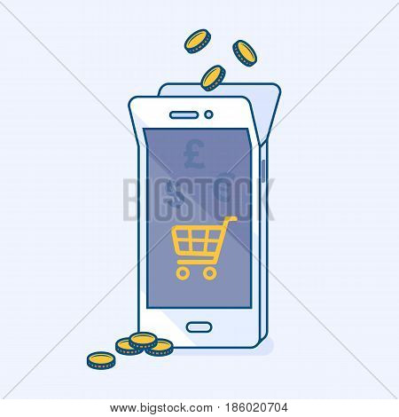 Vector illustration of mobile money balance replenishment and refill online service. Phone banking with coins save money. Online wallet shopping in cart store eCommerce. Business finance concept