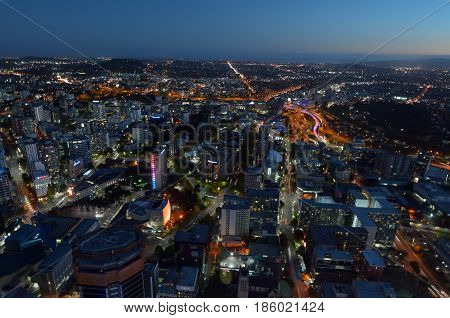 Aerial Landscape View Of Auckland City Cbd At Dusk
