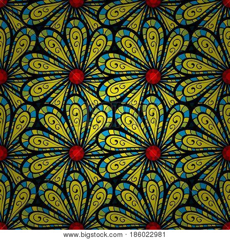 Colorful Floral Ornament In Baroque Style. Colorful Element On Dark Blue Background. Antique Colorfu