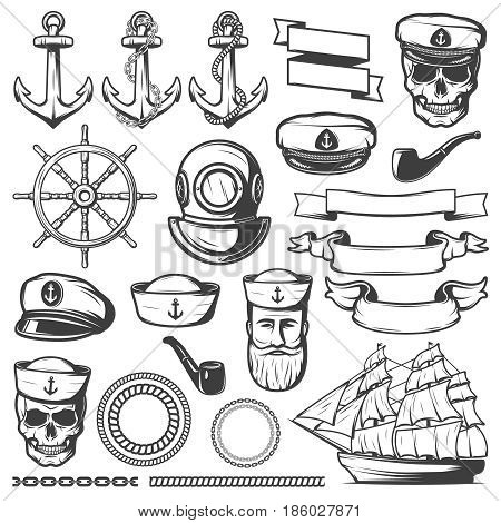 Black drawn isolated vintage sailor naval icon set and ribbons on white background vector illustration
