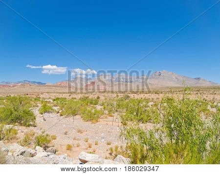 hills in distance under slear blue sky surrounding Red Rock Desert .