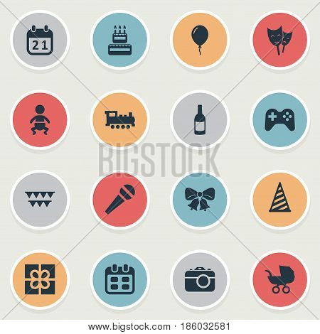 Vector Illustration Set Of Simple Birthday Icons. Elements Baby Carriage, Box, Mask And Other Synonyms Carriage, Photo And Camera.