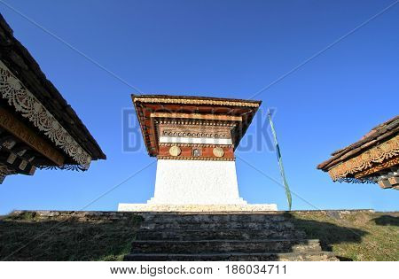 The top of 108 chortens (stupas) the memorial in honour of the Bhutanese soldiers at Dochula Pass on the road from Thimphu to Punaka Bhutan