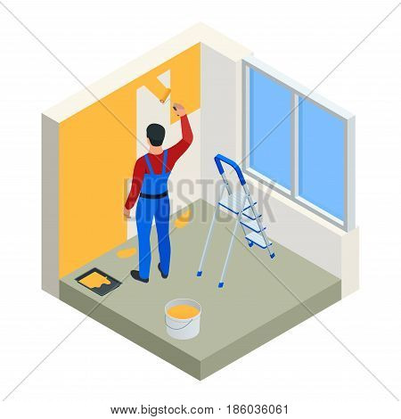 Isometric Paintroller painting white wall with roller red paint. Flat 3d modern vector illustration. Paintroller, people occupations, profession