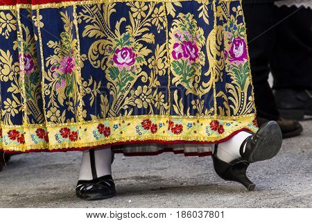 CAGLIARI, ITALY - MAY 1, 2017: 361 Religious procession of Sant'Efisio - detail of the skirt of a traditional Sardinian costume - Sardinia