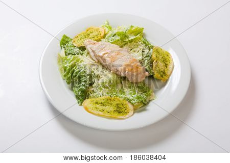 Caesar Salad Plate With Cheese And Garlic Bread