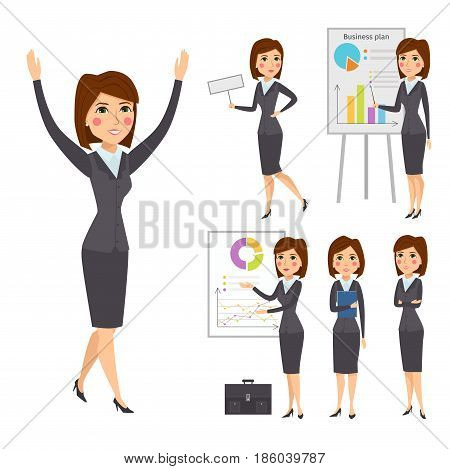 Vector business woman character silhouette standing adult office career posing young girl. Manager looking occupation worker success job portrait professional design illustration.