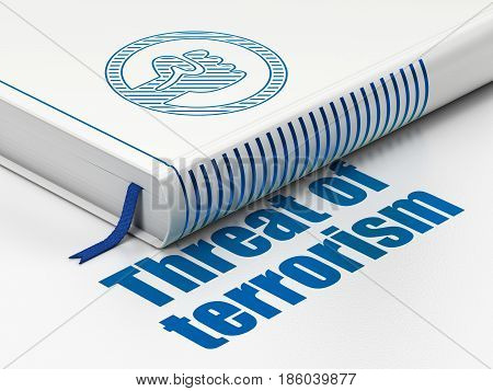 Political concept: closed book with Blue Uprising icon and text Threat Of Terrorism on floor, white background, 3D rendering
