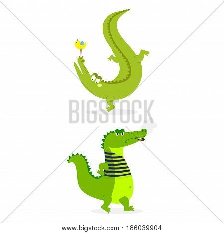 Cartoon green crocodile funny predator and australian wildlife river reptile carnivore alligator scales teeth flat vector illustration. Tropical africa safari zoo character crocodylus.
