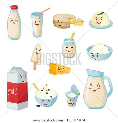 Set of milk products with smiles including cheese curd yogurt ice cream cartoon style isolated vector illustration