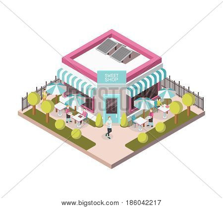 Sweet shop outside view with street tables near store building, staff and clients, lawn isometric vector illustration