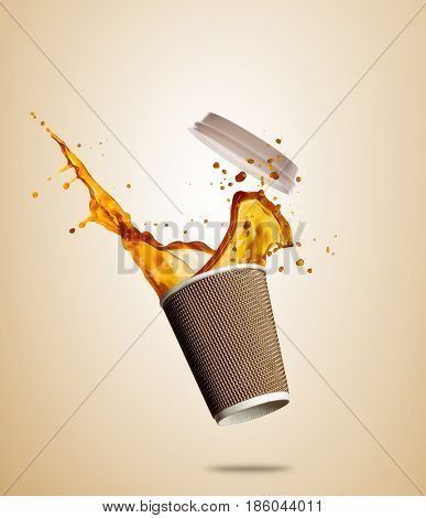 Take away cup with splashing coffee or tea liquid separated on brown background. Hot drink with splash, beverages and refreshment.
