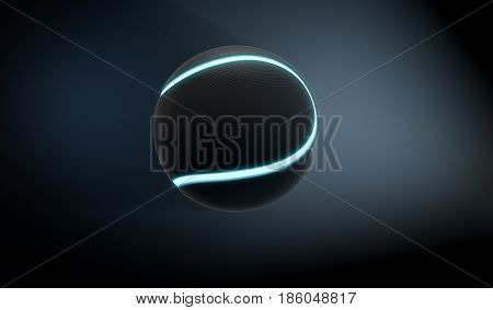 A futuristic sports concept of a black textured tennis ball lit with neon markings flying through dark space - 3D render