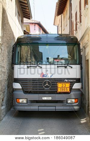Gas Truck On Narrow Streets At Astano On Switzerland